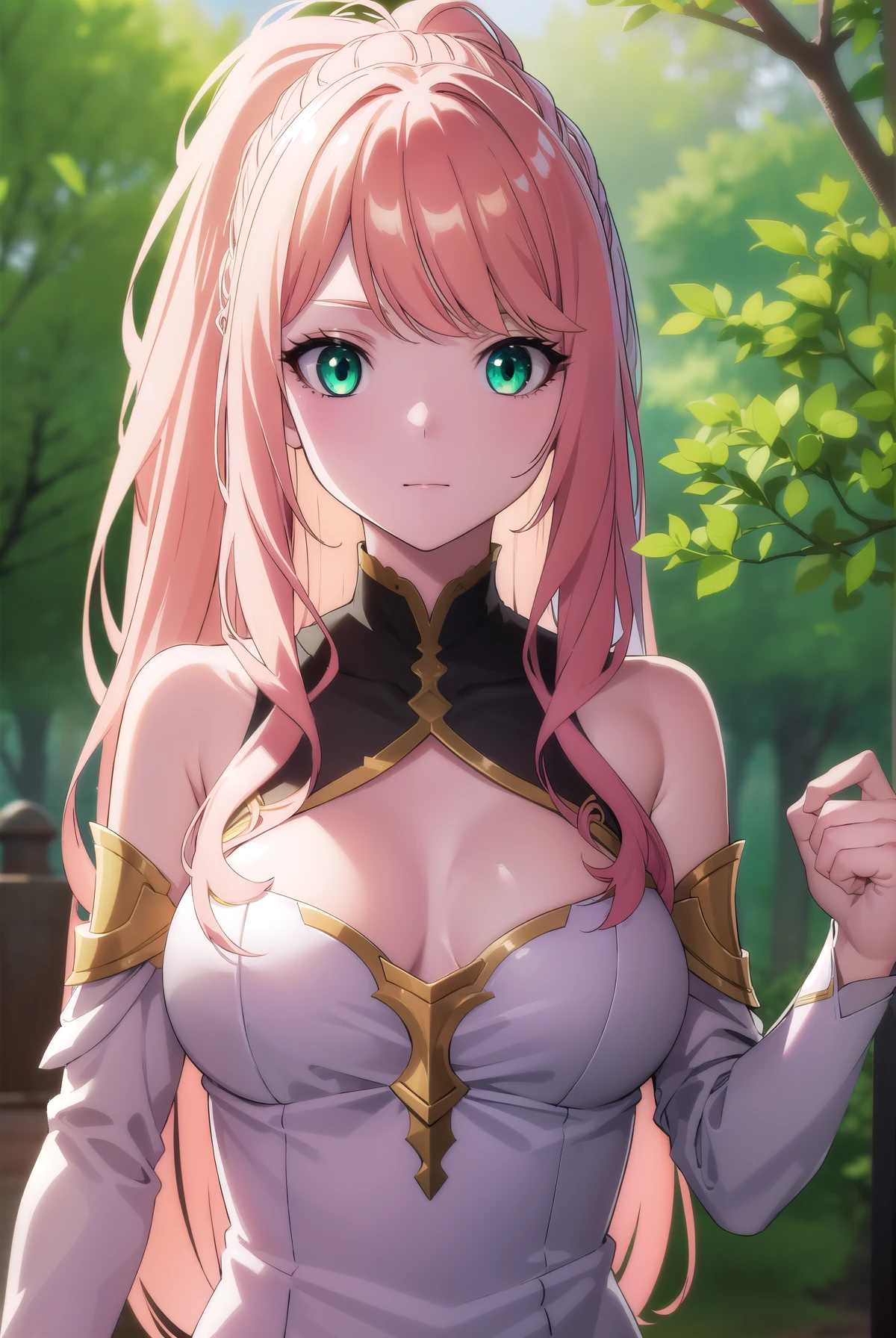lexiavonarselia, lexia von arselia, long hair, blonde hair, (green eyes:1.5), ponytail, pink hair, big breast, visible chest, large breast, BREAK dress, bare shoulders, detached sleeves, white dress, BREAK looking at viewer, full body, BREAK outdoors, forest, nature, BREAK (masterpiece:1.2), best quality, high resolution, unity 8k wallpaper, (illustration:0.8), (beautiful detailed eyes:1.6), extremely detailed face, perfect lighting, extremely detailed CG, (perfect hands, perfect anatomy),