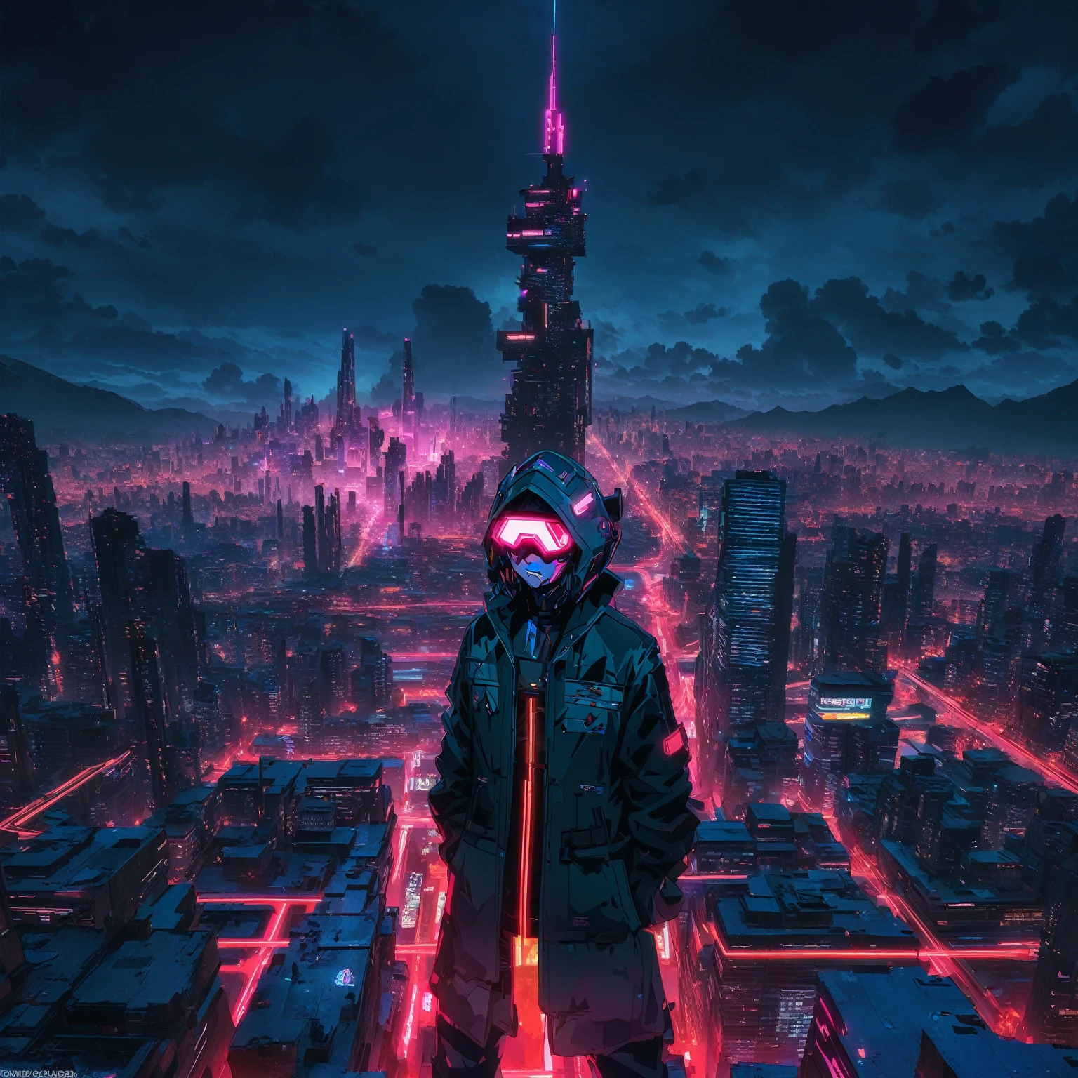 anime character standing on a ledge overlooking a city at night, badass anime 8 k, best anime 4k konachan wallpaper, in front of a sci fi cityscape, digital cyberpunk anime art, in cyberpunk city, ufotable art style, modern cyberpunk anime, anime cyberpunk art, city in the background, anime style cityscape, digital cyberpunk - anime art, figure with facemas and glasses long coat  