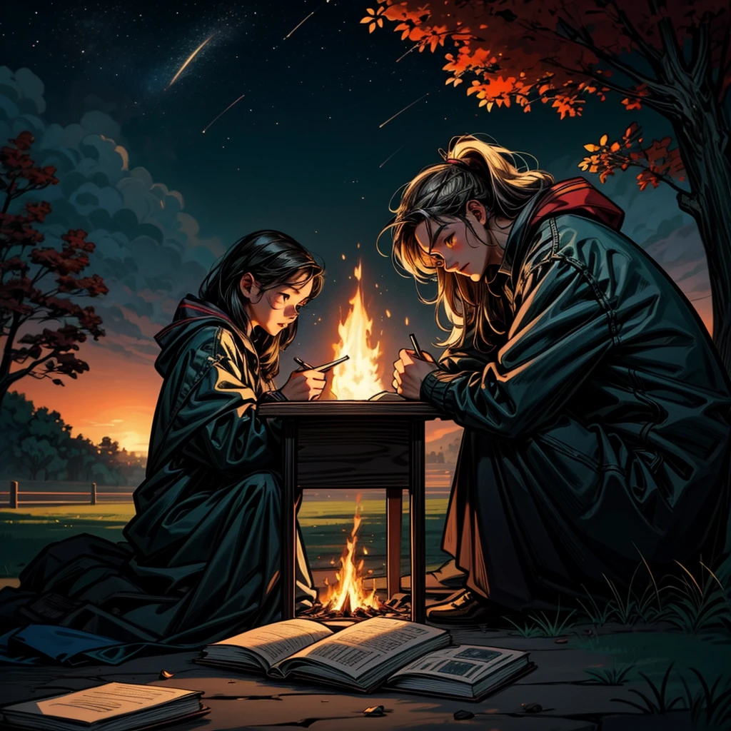 Artists, 30 years old, making paintings, writing books, fun environment, in the park at sunset, stars, fire