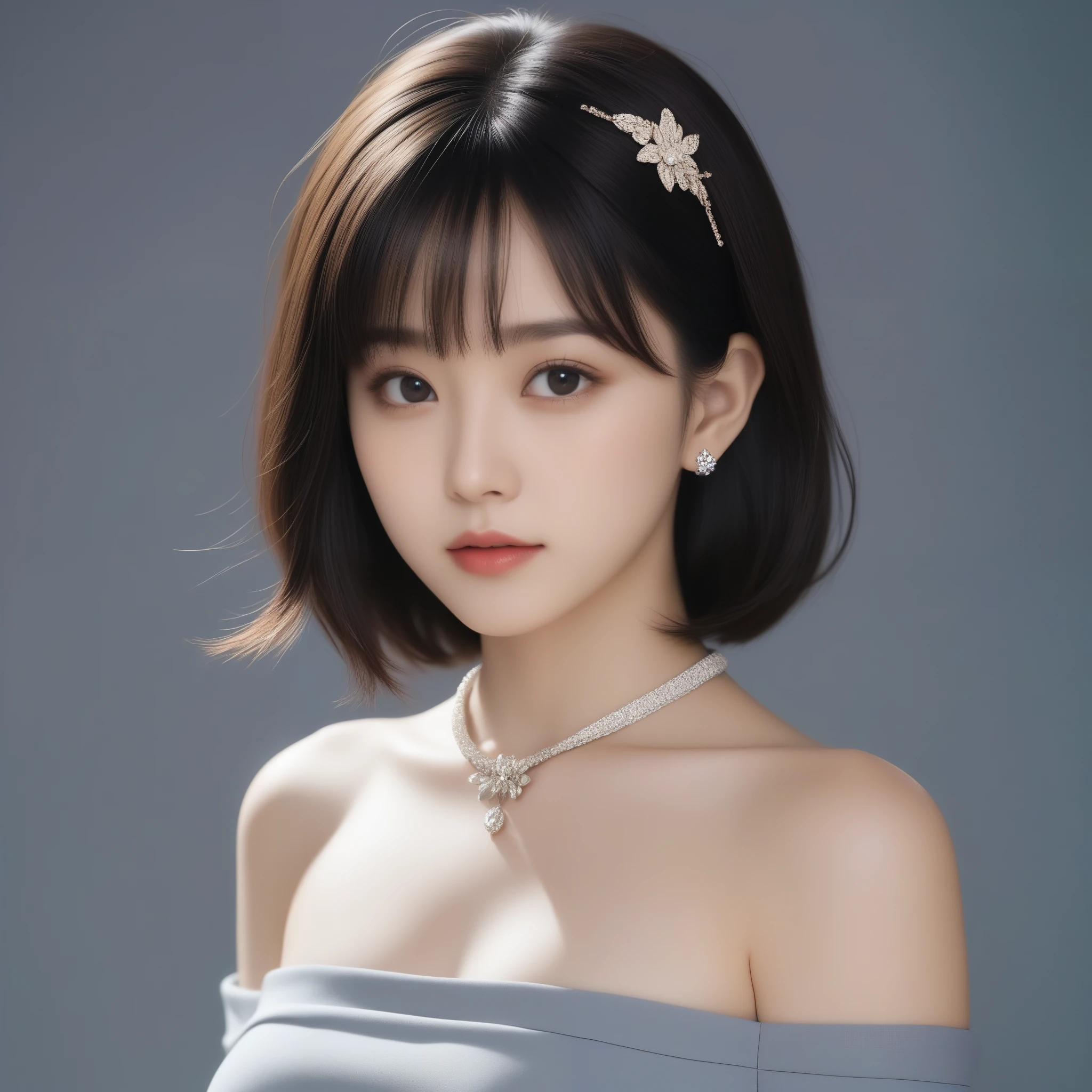 8k, Ultra-high resolution, Highest quality, masterpiece, 三分割法によるphotograph,Surreal, photograph, 1 Girl, (16 years old:1.3), pretty girl, Cute Face, Beautiful eyes in every detail, 細かくdetailedに,masterpiece,One Girl:1.2,Japanese female officer,Superior non-commissioned officer,extream close up,Serious expression,Black short hair,Bob with bangs, (The finest ceremonial attire:1.3),Pencil Skirt,Sharp contours,Looking down,Gray background, Light from above, Low contrast, (Side view),Perfect and beautiful face ,完璧でCute Face, Skin with attention to detail, Perfect limbs、Narrow waist,Looking at the audience,(((Ideal body type))),A cup small breasts :2,Portraiture:2,Perfect Anatomy,鮮明なdetailed,detailed,Surreal,Light and shadow,glowing