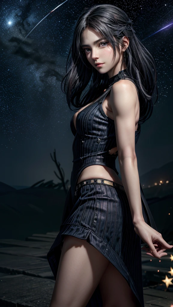 "A powerful woman stands confidently, embodying the essence of the Tarot card 'The Star.' She exudes a cool aura, with her eyes leaving behind a trail of afterglow. The background is filled with stars, symbolizing hope and guidance."