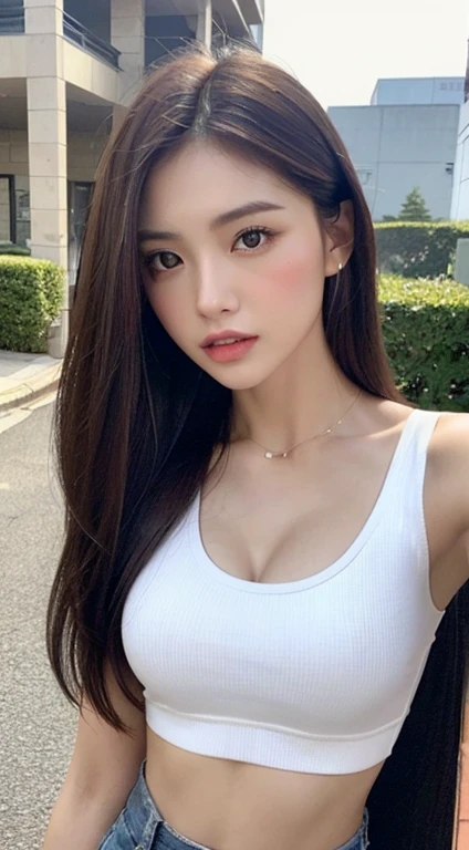 ((Realistic lighting、Highest quality、8k、masterpiece:1.3))、Optical focus:1.2、One Girl、Perfect figure:1.4、Slim Abs:1.1、((Dark brown hair))、(White crop top:1.4)、(outside of home、night:1.1)、street、Ultra-thin face、Narrow eyes、double eyelid、Perfect fitness body、Short-length clothing、Elegant features of the chest、The physical characteristics of a perfect role-playing model、Proof of sexy traits、 Tight and sexy fashion outfit for nerds、Perfect face and body detail and function