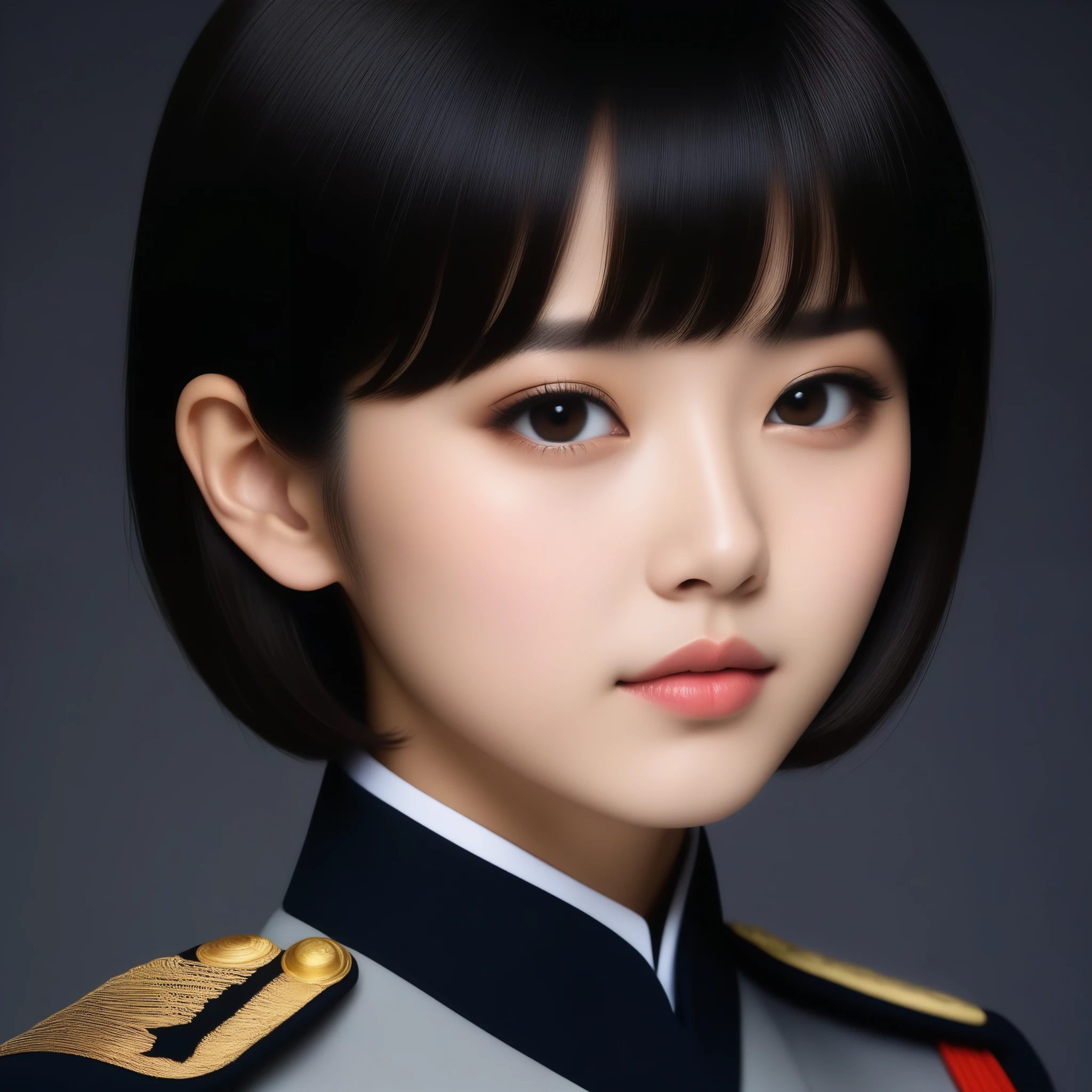 8k, Ultra-high resolution, Highest quality, masterpiece, 三分割法によるphotograph,Surreal, photograph, 1 Girl, (16 years old:1.3), pretty girl, Cute Face, Beautiful eyes in every detail, 細かくdetailedに,masterpiece,One Girl:1.2,Japanese female officer,Superior non-commissioned officer,extream close up,Serious expression,Black short hair,Bob with bangs, (The finest ceremonial attire:1.3),Pencil Skirt,Sharp contours,Looking down,Gray background, Light from above, Low contrast, (Side view),Perfect and beautiful face ,完璧でCute Face, Skin with attention to detail, Perfect limbs、Narrow waist,Looking at the audience,(((Ideal body type))),A cup small breasts :2,Portraiture:2,Perfect Anatomy,鮮明なdetailed,detailed,Surreal,Light and shadow,glowing