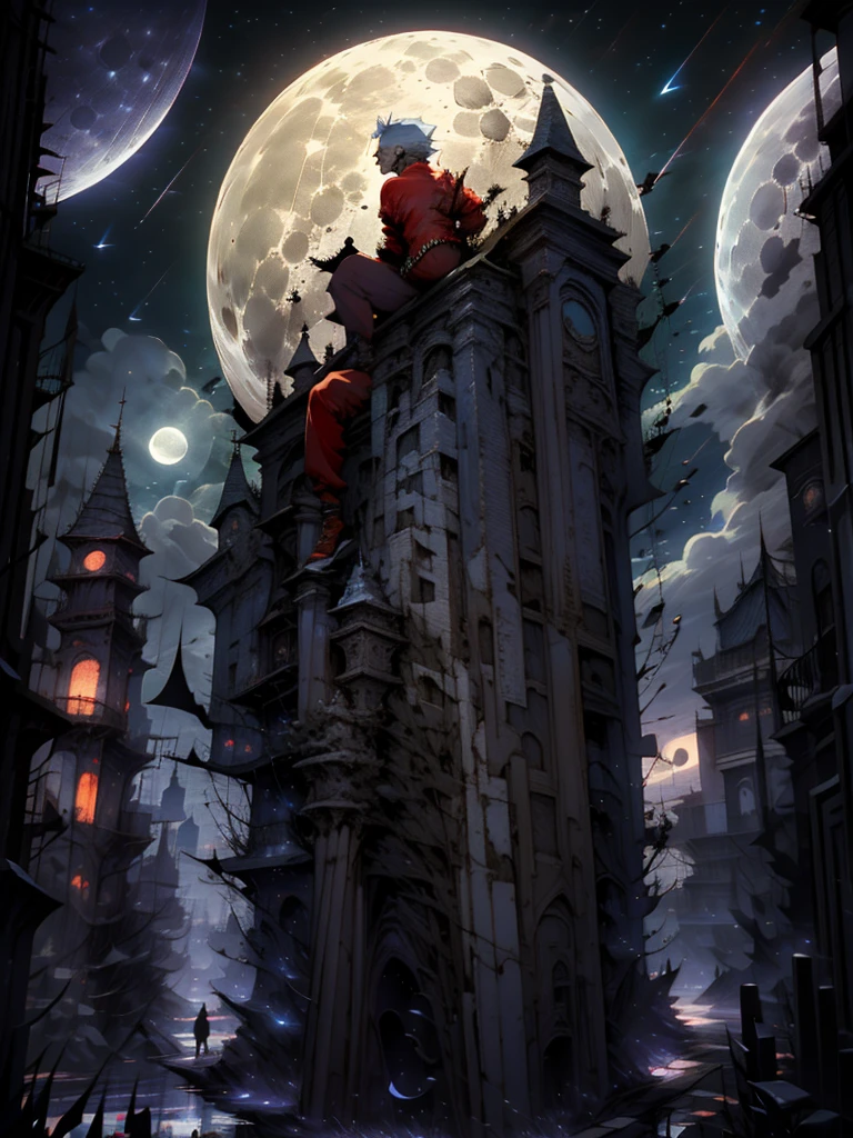 moon, full moon, bat, night, solo, 1boy, male focus, sky, red shirt, bird, dark skin, night sky, graveyard, red pants, moonlight, belt, cloud