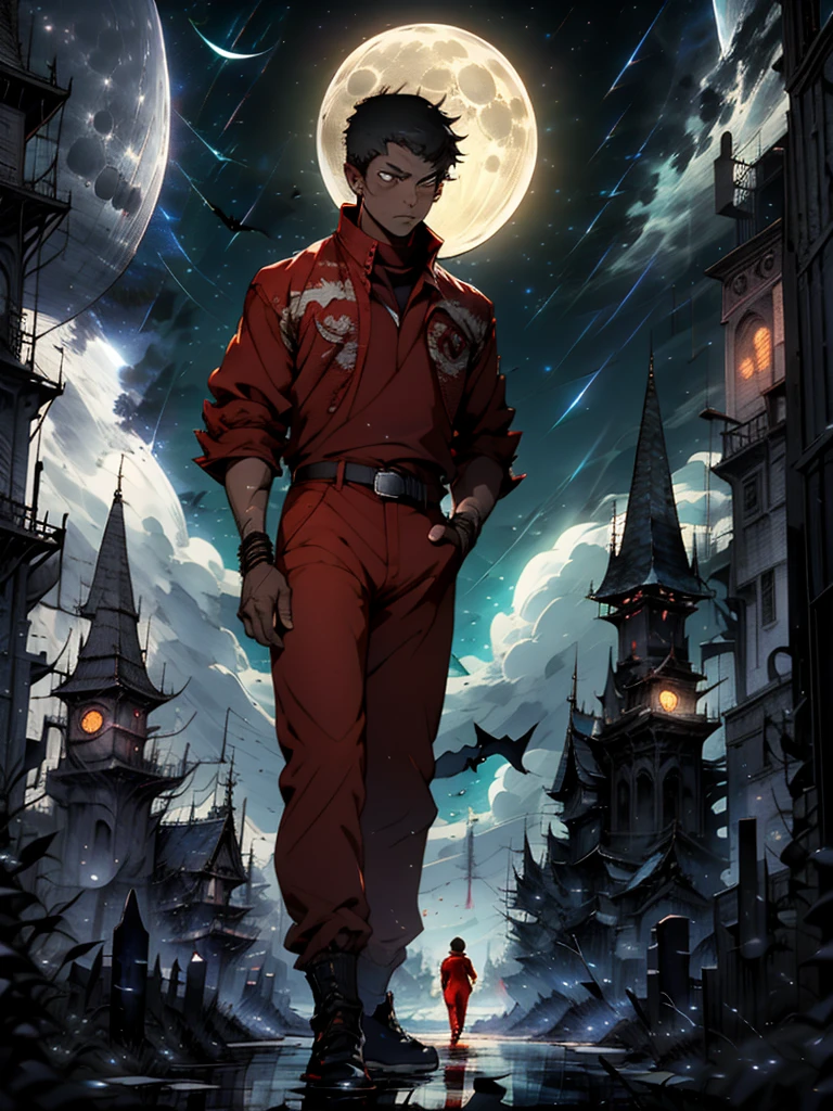 moon, full moon, bat, night, solo, 1boy, male focus, sky, red shirt, bird, dark skin, night sky, graveyard, red pants, moonlight, belt, cloud