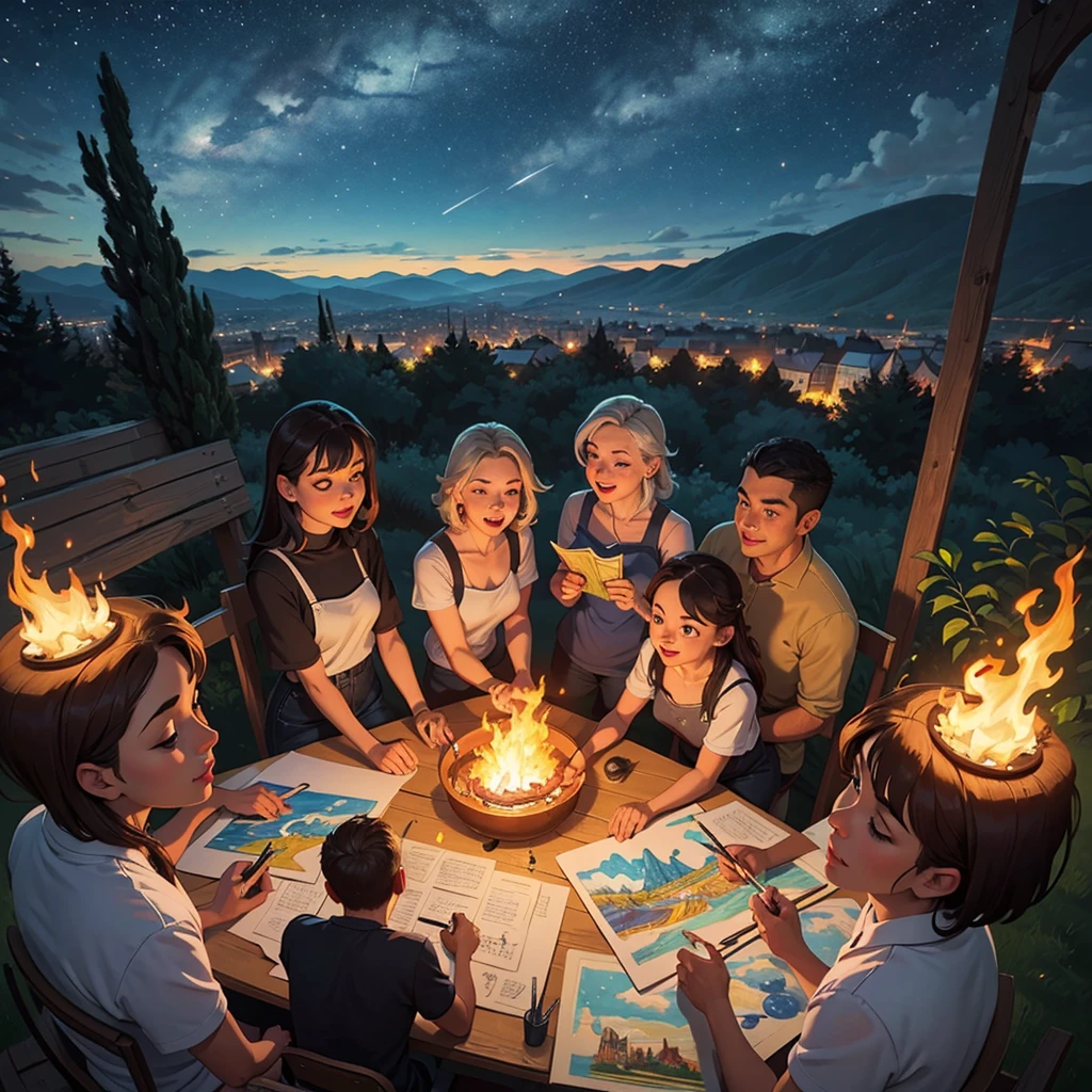 2D stylized image of artists at a park, adults, grown people. reading, writing, painting, creating sculptures, friends, fun, inspirational, masterpiece, seen from above, many diverse people, different races and styles, fantastical looking, bird eye view, playing with fire, starry night, magical, making art, painting together, canvases, 4 people