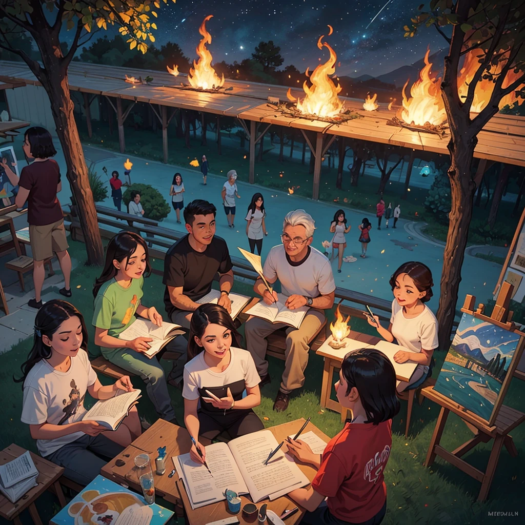 2D stylized image of artists at a park, adults, grown people. reading, writing, painting, creating sculptures, friends, fun, inspirational, masterpiece, seen from above, many diverse people, different races and styles, fantastical looking, bird eye view, playing with fire, starry night, magical, making art, painting together, canvases, 4 people