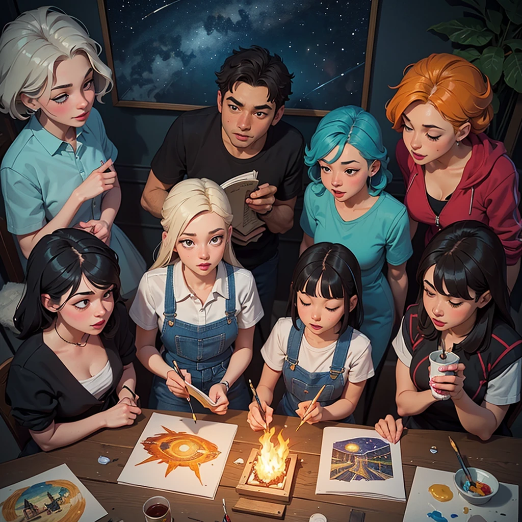 2D stylized image of artists at a park, adults, grown people. reading, writing, painting, creating sculptures, friends, fun, inspirational, masterpiece, seen from above, many diverse people, different races and styles, fantastical looking, bird eye view, playing with fire, starry night, magical, making art, painting together, canvases, 4 people