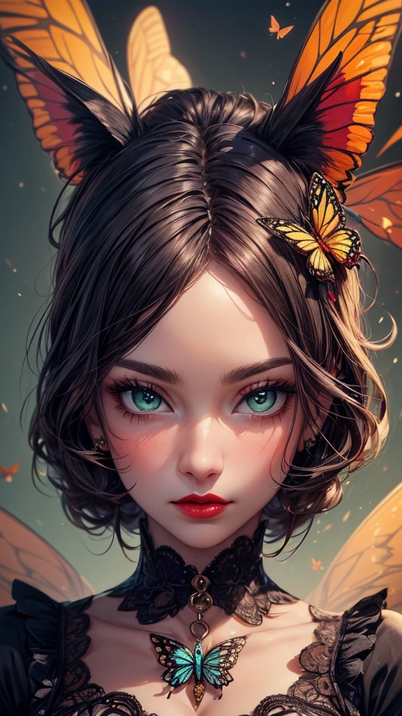 (((masterpiece))),(((Highest quality))),((Very detailed)),8k, alone, beautiful girl, (Very delicate and beautiful face), (Beautiful eyes in every detail), Black cat, compensate, blush, lipstick, Red lips, Portraiture, Realistic, Green Eyes, View your viewers, Painting, butterfly,