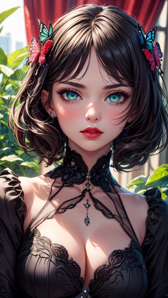 (((masterpiece))),(((Highest quality))),((Very detailed)),8k, alone, beautiful girl, (Very delicate and beautiful face), (Beautiful eyes in every detail), Black cat, compensate, blush, lipstick, Red lips, Portraiture, Realistic, Green Eyes, View your viewers, Painting, butterfly,