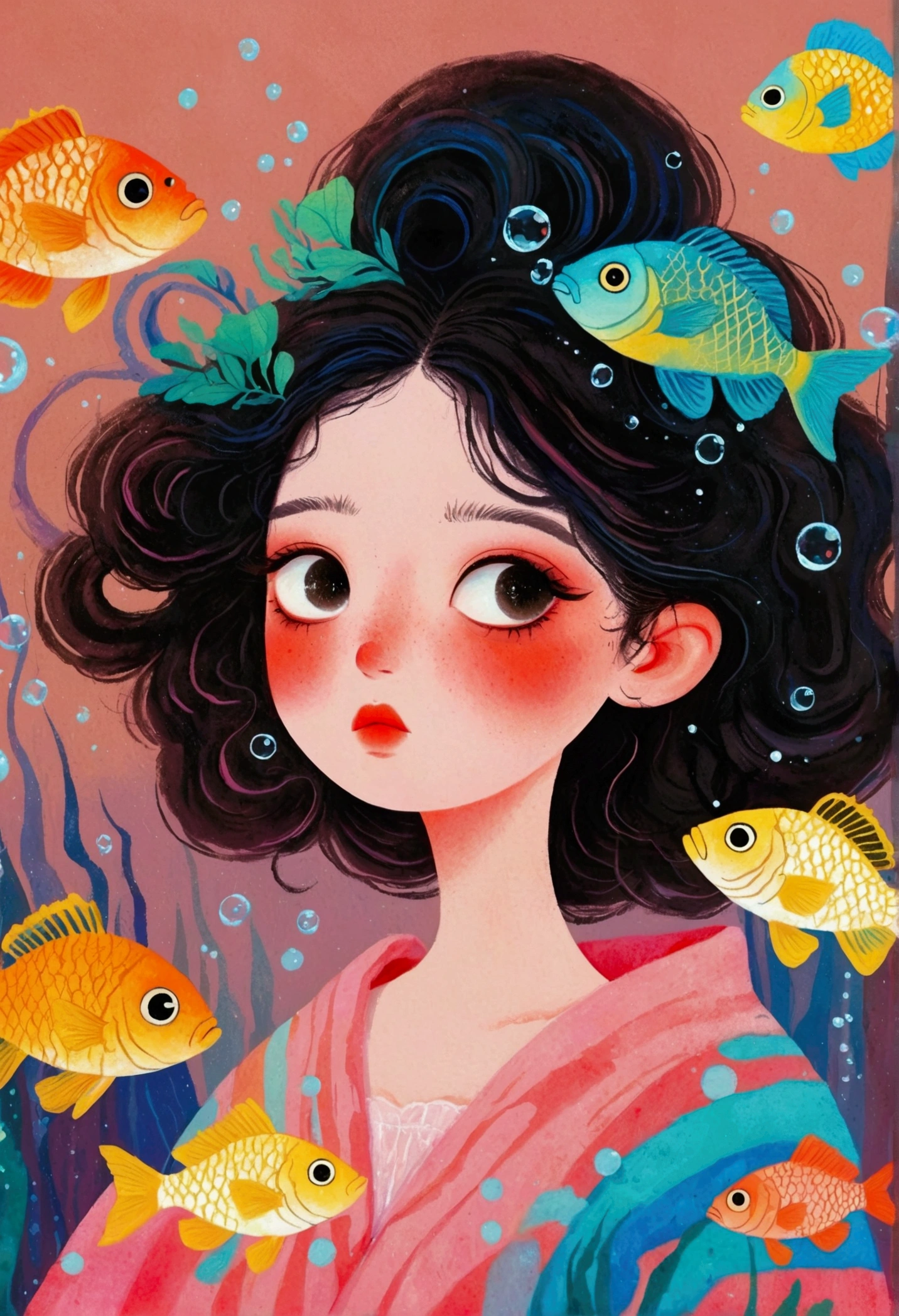 Pastel Art Illustration：A painting of a woman with fish in her hair,Bubbles，big eyes， (((#10: Fluffy Light Hair)))，Jin Nong&#39;s Surrealism, Winner of the Behance competition, Pop surrealism, Color illustrations, A beautiful artistic illustration, Colorfull illustration, Pop surrealism art style, Digital illustration style, Fantasy illustrations, Illustration Art, Magical surrealism, Digital fantasy illustration, Pop surrealism lowbrow art style,Solid color background