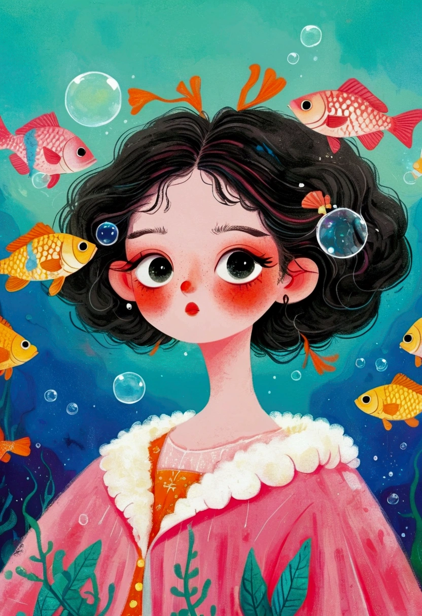 Pastel Art Illustration:A painting of a woman with fish in her hair,Bubbles,big eyes, (((#10: Fluffy Light Hair))),Jin Nong's Surrealism, Winner of the Behance competition, Pop surrealism, Color illustrations, A beautiful artistic illustration, Colorfull illustration, Pop surrealism art style, Digital illustration style, Fantasy illustrations, Illustration Art, Magical surrealism, Digital fantasy illustration, Pop surrealism lowbrow art style,Solid color background