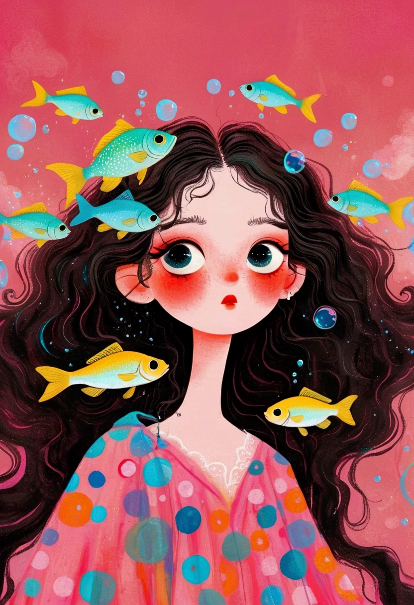 Pastel Art Illustration:A painting of a woman with fish in her hair,Bubbles,big eyes, (((#10: Fluffy Light Hair))),Jin Nong's Surrealism, Winner of the Behance competition, Pop surrealism, Color illustrations, A beautiful artistic illustration, Colorfull illustration, Pop surrealism art style, Digital illustration style, Fantasy illustrations, Illustration Art, Magical surrealism, Digital fantasy illustration, Pop surrealism lowbrow art style,Solid color background