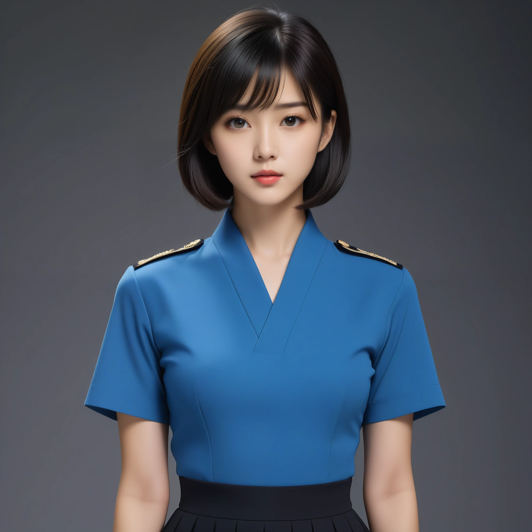 8k, Ultra-high resolution, Highest quality, masterpiece, 三分割法によるphotograph,Surreal, photograph, 1 Girl, (:1.3), pretty girl, Cute Face, Beautiful eyes in every detail, 細かくdetailedに,masterpiece,One Girl:1.2,Japanese female officer,Superior non-commissioned officer,extream close up,Serious expression,Black short hair,Bob with bangs, (The finest ceremonial attire:1.3),Pencil Skirt,Sharp contours,Looking down,Gray background, Light from above, Low contrast, (Side view),Perfect and beautiful face ,完璧でCute Face, Skin with attention to detail, Perfect limbs、Narrow waist,Looking at the audience,(((Ideal body type))),A cup small breasts :2,Portraiture:2,Perfect Anatomy,鮮明なdetailed,detailed,Surreal,Light and shadow,glowing