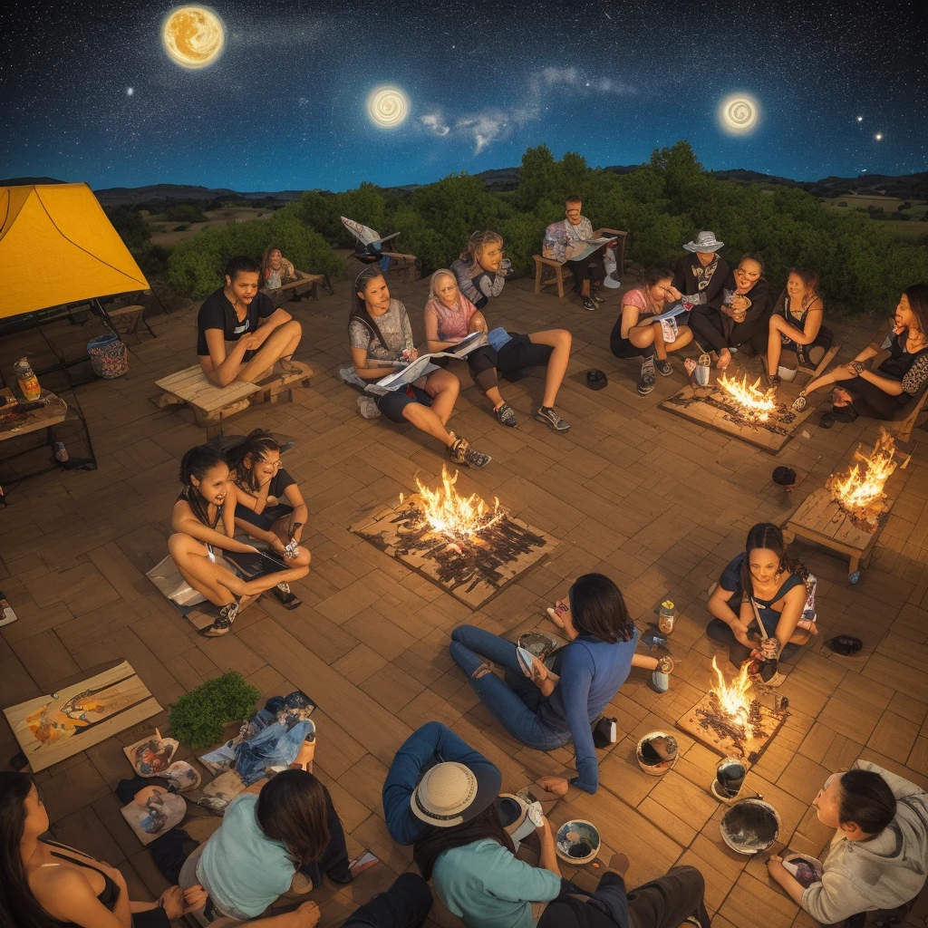 Multiple naked women, witches coven, nude, different body types, hairy bush, hairy vagina, dancing in nature around a bonfire