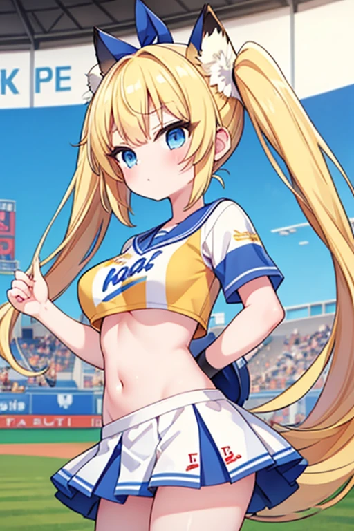 Highest quality,masterpiece,Blonde with blue eyes、Cheerleader、foxtail,foxear,(BaseballStadium1.1),Beautiful breasts、Twin tails、Girl&#39;s cute eyes,,jumping,under boob,enjoy,