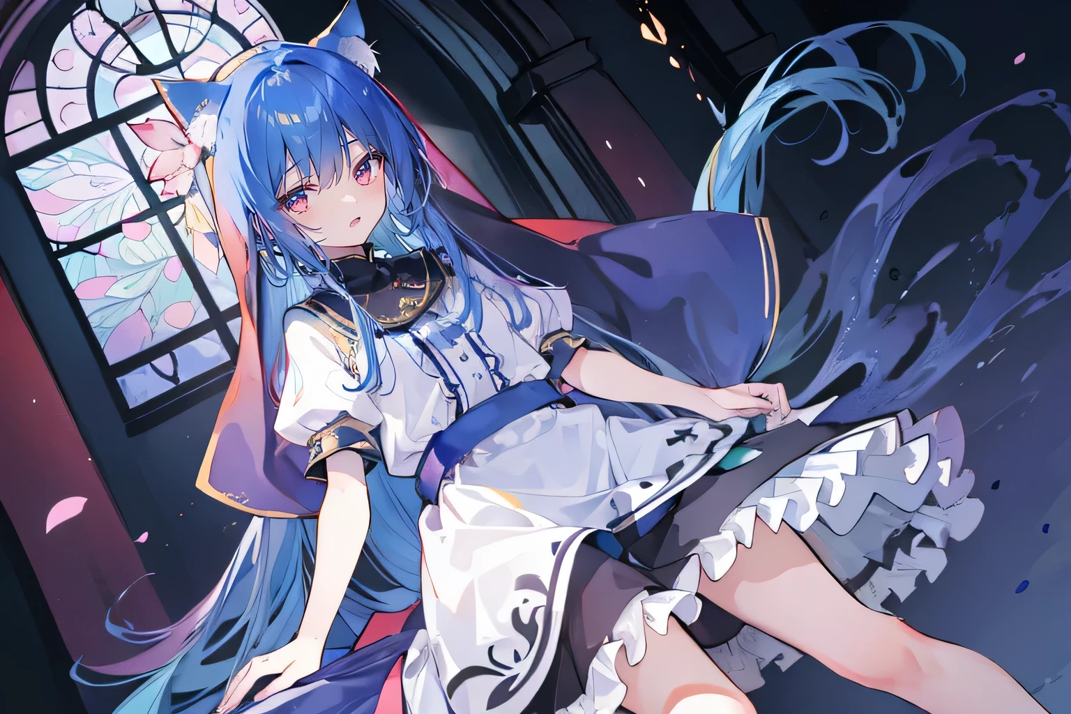 (masterpiece:1.2),Extremely detailed,Practical,expressive eyes,Fair skin,Perfect face shaping,1 Girl,
Japanese cartoons,Gorgeous blue hair, the long flowing blue hair,Floating clothes,Cat ears,Petals fall,beautiful lola,Young Angel,
Place your hands on your waist,sit elegantly on the ground,Cross your legs,Gentle and peaceful background,stately church,nun,Shy face,Place your hand on your lips。