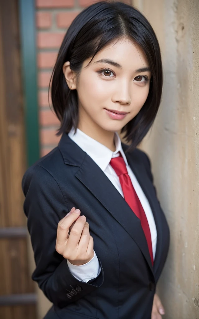 girl, Hyper Realistic, masterpiece, smile, portrait, bobhair, skirt suit, dress shirt, red necktie, blazer, bodycon miniskirt, pencil skirt, tights, pantyhose