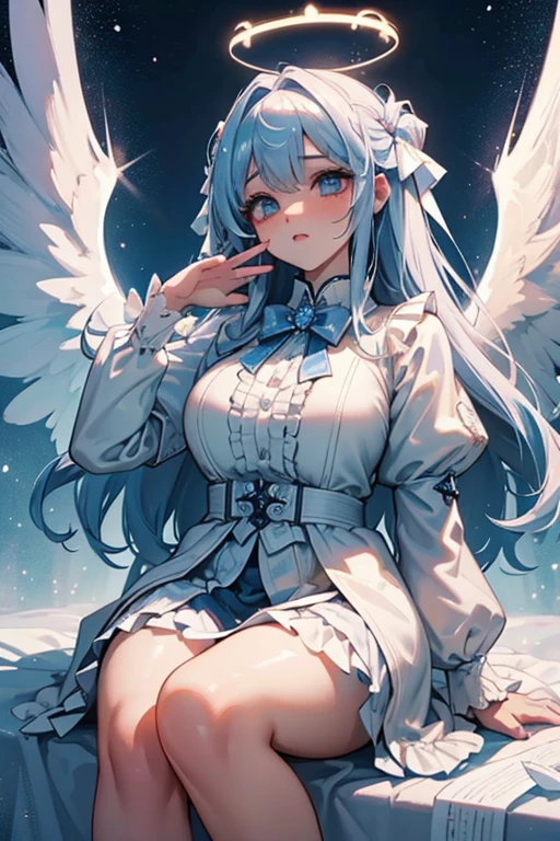 tmasterpiece, (Best quality:1.2), [:Complicated details:0.2], 1 plump girl,  Angelic, the angel's wings, White frills, (Daytime sky), A flashing halo, intense concentration, Burst energy, mystic symbols, scintillation particles,