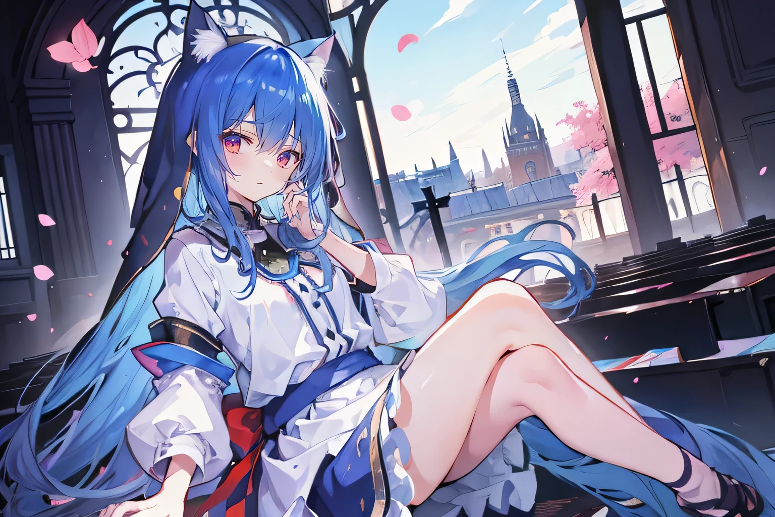 (masterpiece:1.2),Extremely detailed,Practical,expressive eyes,Fair skin,Perfect face shaping,1 Girl,
Japanese cartoons,Gorgeous blue hair, the long flowing blue hair,Floating clothes,Cat ears,Petals fall,beautiful lola,Young Angel,
Place your hands on your waist,sit elegantly on the ground,Cross your legs,Gentle and peaceful background,stately church,nun,Shy face,Place your hand on your lips。