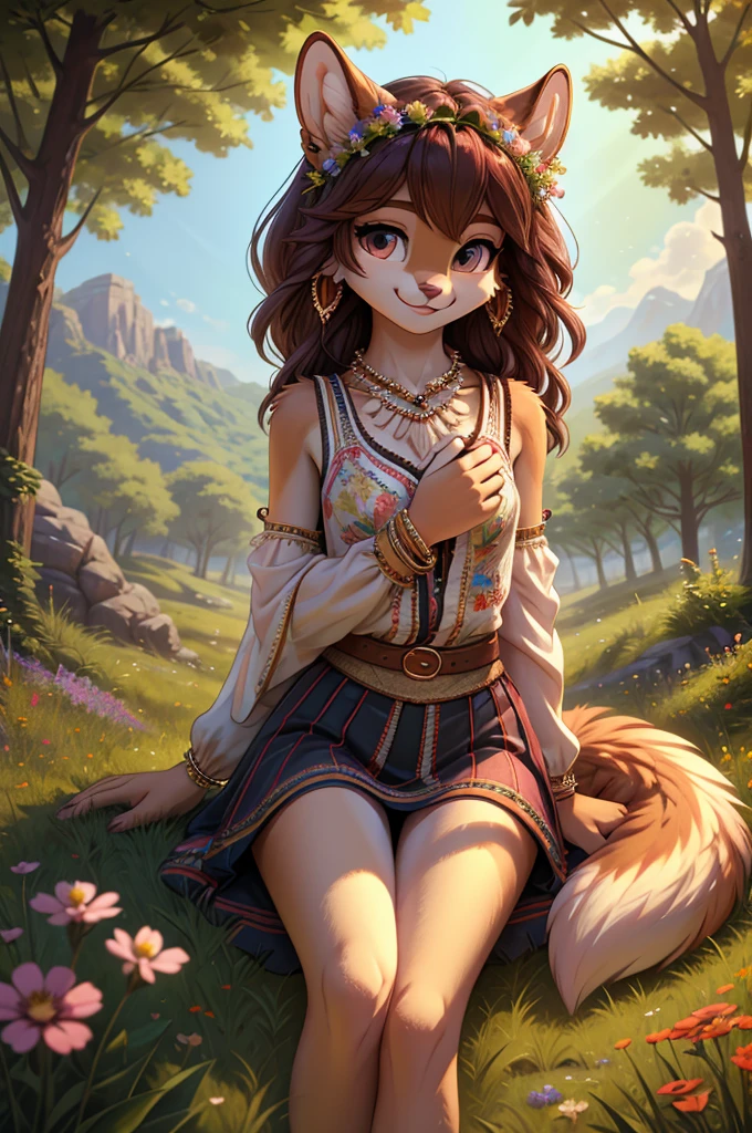 **Prompt:** A beautiful, (masterpiece), high quality, perfect lighting, highly detailed CG Unity 8k wallpaper, high resolution, perfect lighting, youthful, adolescent, tall, slim, skinny, frail slender figure, slim legs, distinctly feminine figure, narrow hips, long legs, close-up shot of a unique female squirrel character. She has fluffy, reddish-brown fur with darker streaks running along her back and tail, giving her a vibrant and dynamic look. Her hair is long, wavy, and a rich auburn color, cascading down her back and blending seamlessly with her fur. Her eyes are a striking amber, large and full of playful sexy mischief.

She is dressed in an eclectic, boho-chic outfit: a fitted, embroidered vest over a flowing, patterned blouse with billowing sleeves. She pairs this with a layered, patchwork skirt in various earth tones and textures and black lace thong panties. Her accessories include a wide leather belt with a decorative buckle, numerous beaded bracelets, and feathered earrings. She also sports a flower crown made of wildflowers and leaves, adding a whimsical touch to her look.

The character is posed lying on all fours, crawling towards you on a soft, grassy meadow, her legs bent at the knees. Her face is the focus, with a bright, cheerful smile and sparkling eyes looking directly at the viewer, plump breasts hanging. The background is a soft blur of wildflowers and tall grass, with dappled sunlight filtering through, creating a warm, inviting scene that highlights her vibrant personality and the intricate details of her outfit.