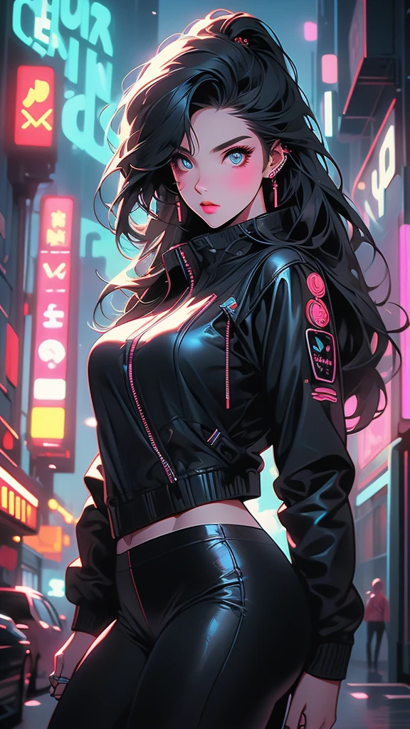Beautiful cyberpunk girl in black leather jacket, flowing silky hair, black tight leggings, red sneakers, pop punk style, neon shading effect, luminescent neon outline effect, detailed face, beautiful detailed eyes, piercing eyes, posing, neon city background, cinematic lighting, complex technology, glowing technical elements, masterpiece