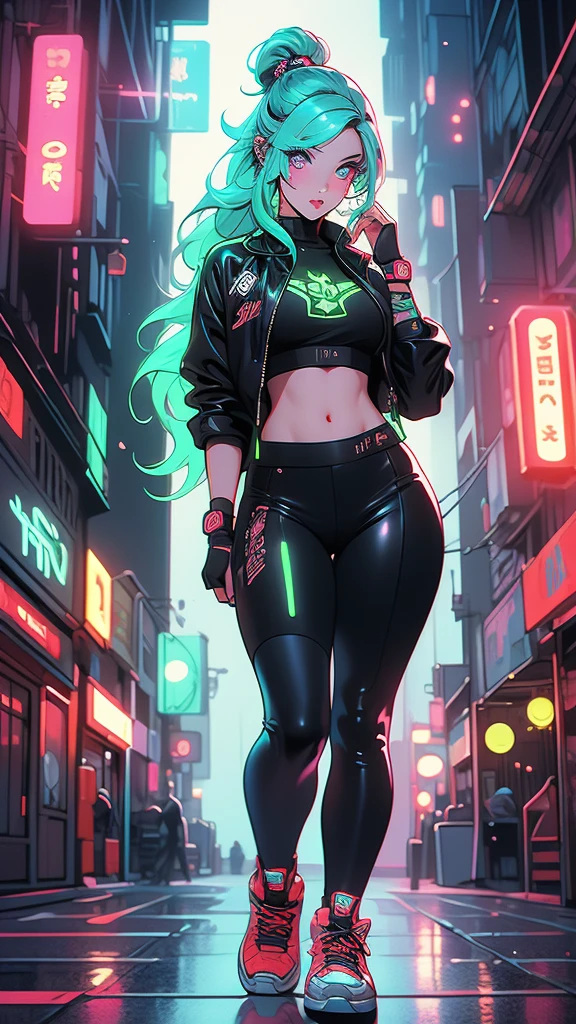 alta resolução, obra-prima, melhor qualidade, 1girl, rebecca \(cyberpunk\), militar,, sitting, roupa futurista, skirt, estilo cyberpunk neon, ao fundo cidade cyberpunk a noite, pele finamente detalhada, seios enormes, ( muito musculosas