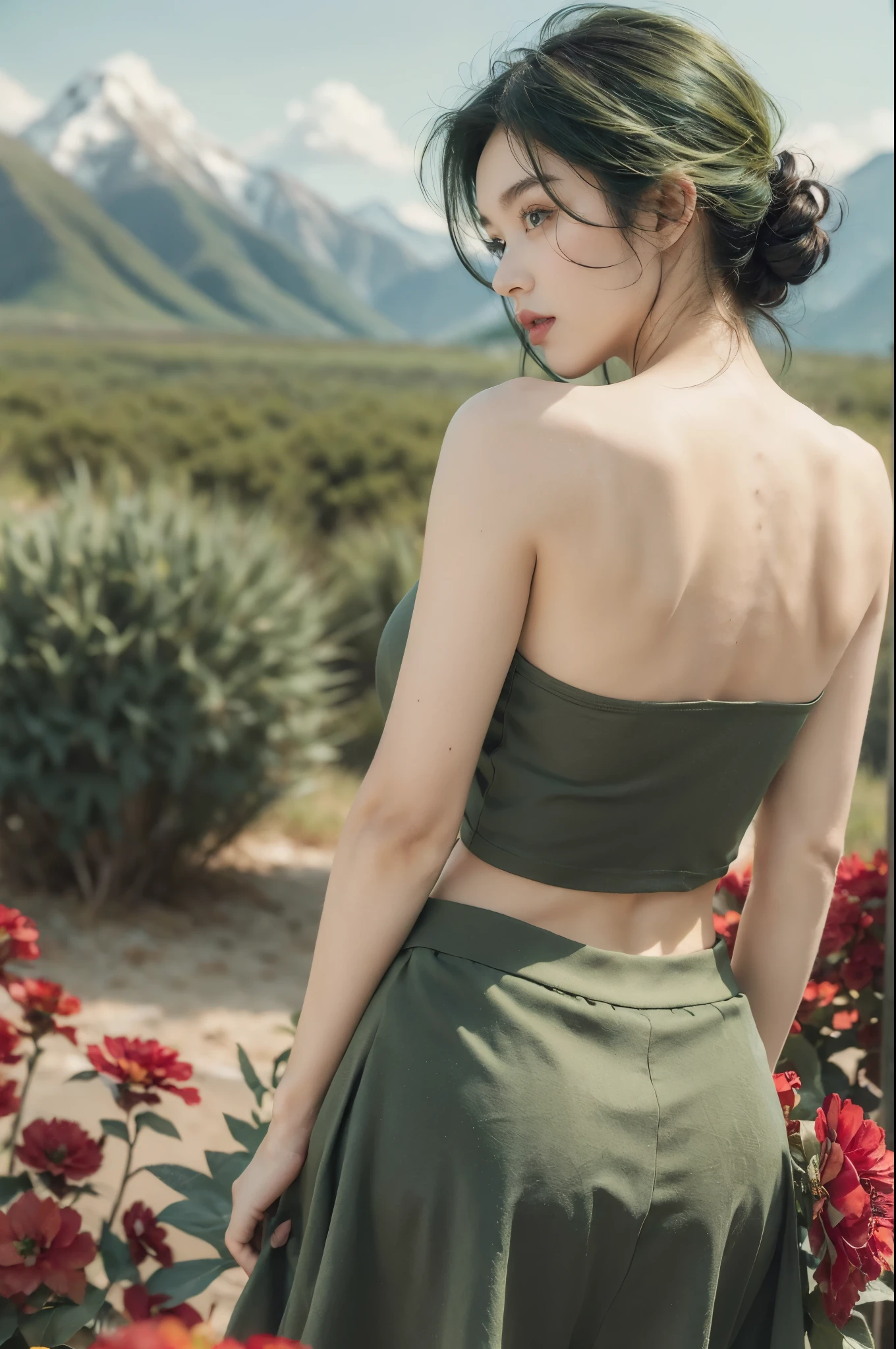 (((best quality))),(((ultra detailed))),(((masterpiece))),illustration,((1 beautiful girl,tomboy,solo)),(short black hair:1.3),((slim,thin)),((strapless,bare back)),vigorous, confident, (light green tank top:1.3), (dark green skirt:1.2),(standing:1.3),simplicity, robustness, strong features, (Abandoned Gobi Scene:1.3),(Rock surface:1.2),glowing eyes, rebellious, sensible, (mountainous landscape:1.3), (beside a vibrant red flower:1.3),elegance, unyielding spirit, youthful beauty, strength, resilience, adversity, challenges,((from back,upper body))