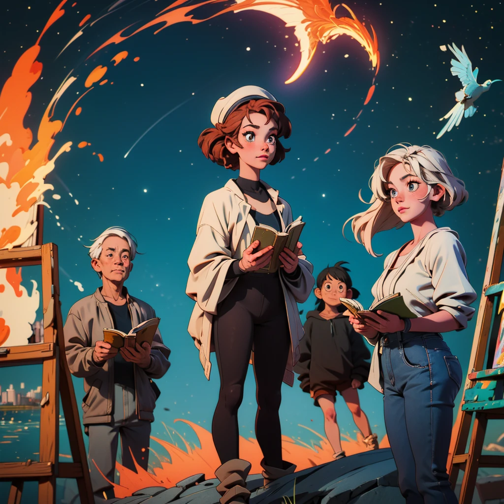 2D stylized image of artists at a park, adults, grown people. reading, writing, painting, creating sculptures, friends, fun, inspirational, masterpiece, seen from above, many diverse people, different races and styles, fantastical looking, bird eye view, playing with fire, starry night, magical, making art, painting together, canvases, 4 people