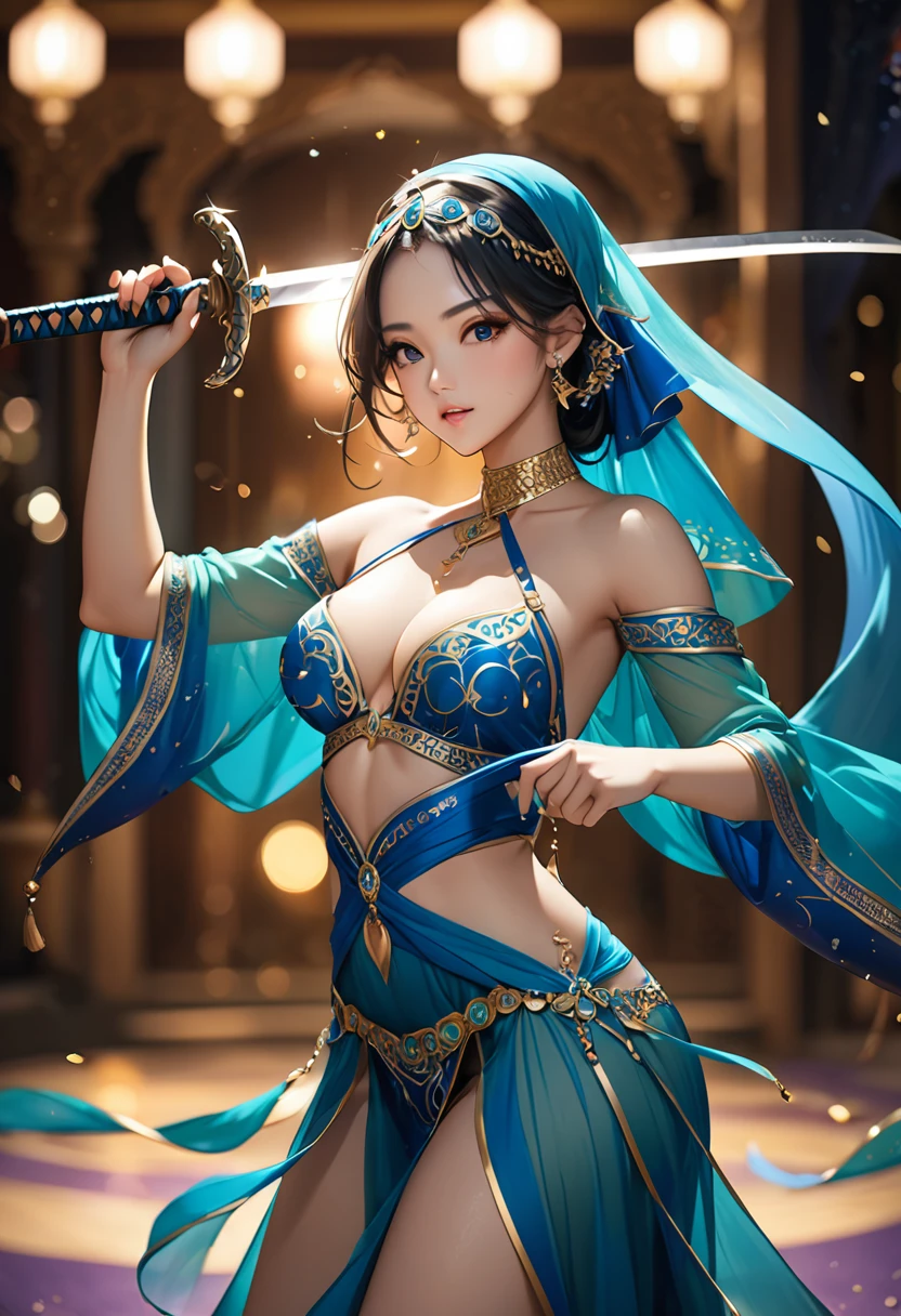 Arabian Nights、(A beautiful woman dances with a sword in each hand)、(Dance of the Sword)、The sword is curved like a crescent moon.、(See-through sexy outfitotion Blur、Cinematic Light、Soft Light、Soft Focus、Bokeh、RAW Photos、Professional photos、(Highest quality, masterpiece, High resolution)、4K、wallpaper