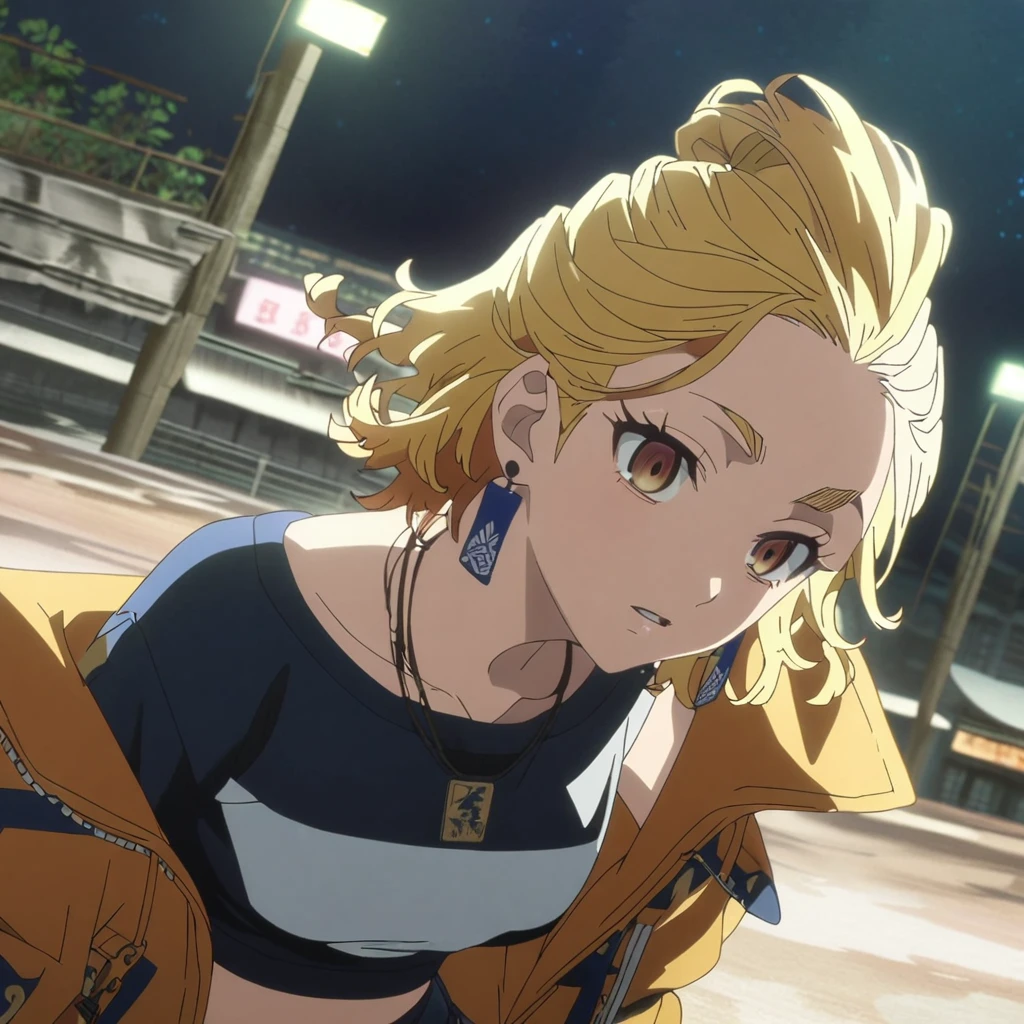 1women, adult ((Mikey from Tokyo revengers, Tokyo Revengers anime screencap)), anime screencap, solo, (long yellow hair, slicked hair from one side) (brown eyes) ((hanging breast)) smile,parted lips looking_at_viewer, upper body,  night, outdoor, bangs, upper body, eyelashes, breast, ((crop top, off the shoulder jacket, pant, tatoo)) ((earrings)) ((necklace)) ((hd quality)) ((high resolution)) ((good quality)) ((hd quality image)) 