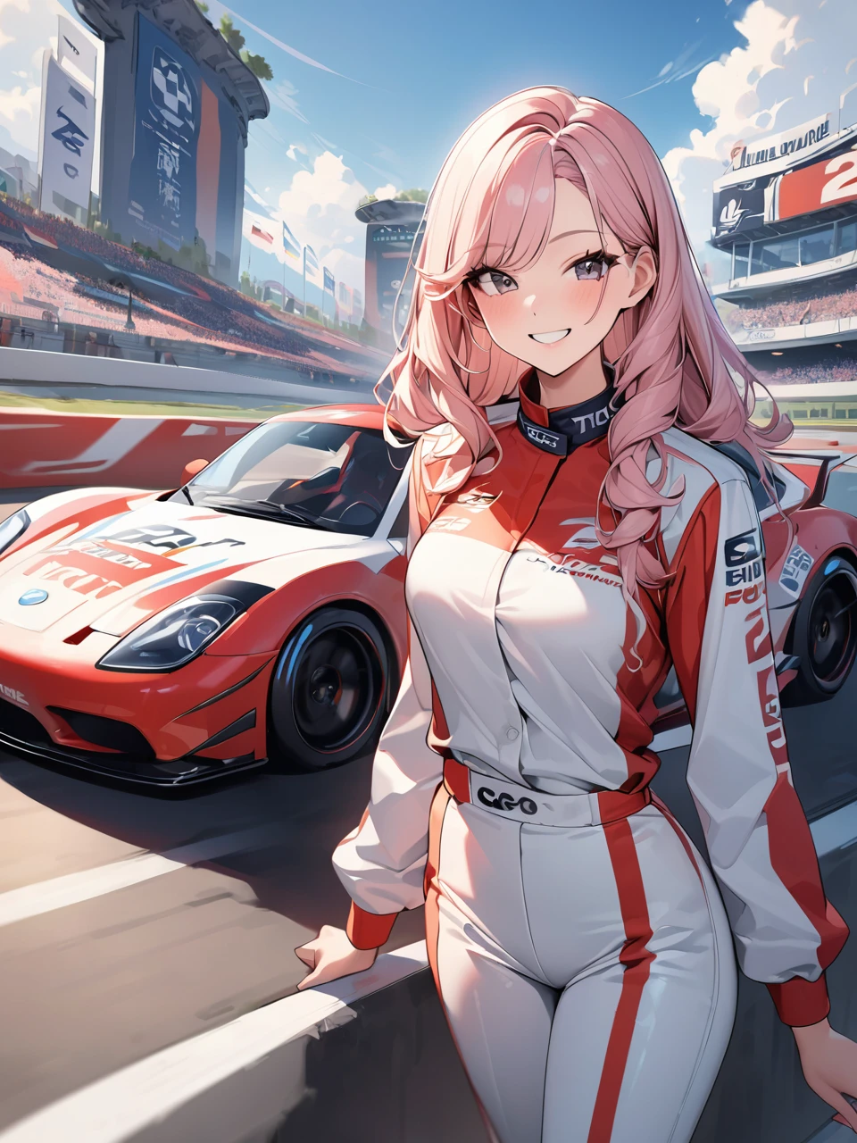 Highest quality, Highest quality, 16K, Unbelievably absurd, Very detailed, 2.5D, delicate and dynamic,woman,22 years old,Racing Uniforms,chest,Elegance,Shiny Hair,smile,cute,Red car,Car chase