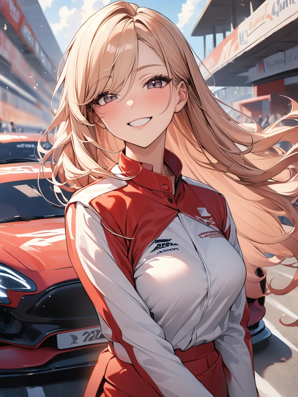 Highest quality, Highest quality, 16K, Unbelievably absurd, Very detailed, 2.5D, delicate and dynamic,woman,22 years old,Racing Uniforms,chest,Elegance,Shiny Hair,smile,cute,Red car,Car chase