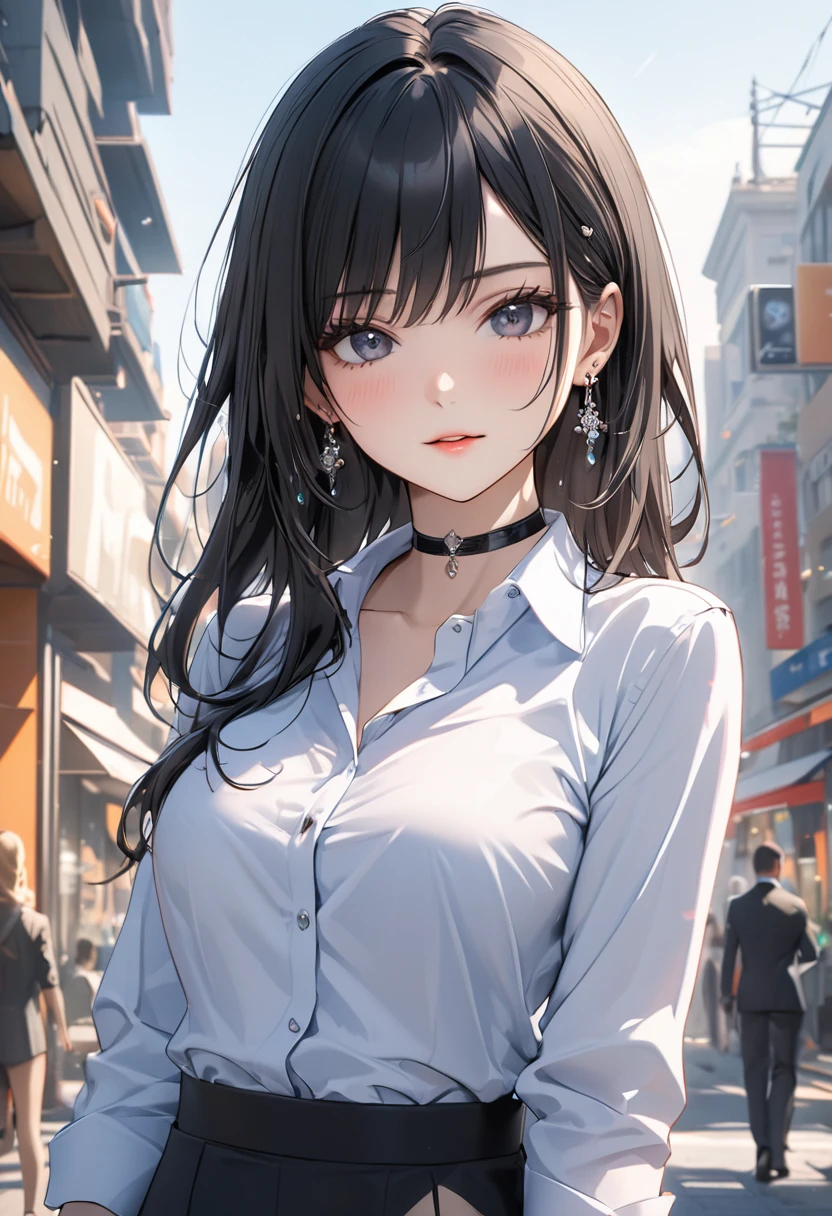 best quality, super_delicate, ultra detailed, beautiful, 8k , 1girl, black hair, business shirt, earrings, choker, outdoor, bright