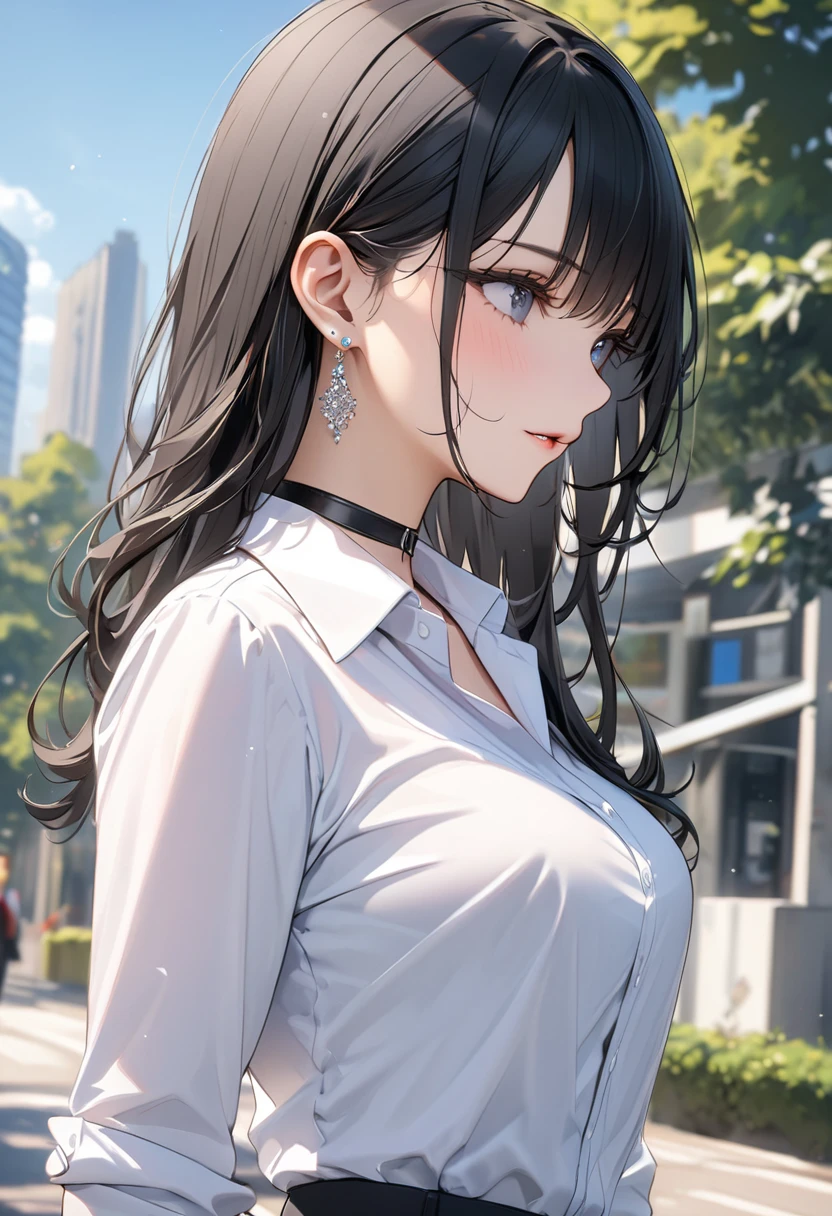 best quality, super_delicate, ultra detailed, beautiful, 8k , 1girl, black hair, business shirt, earrings, choker, outdoor, bright