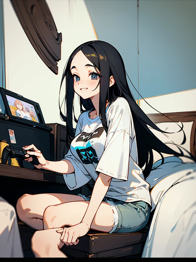 {best quality}、My room in white tones、Long Black Hair、forehead、25Old woman、beautiful breasts beautiful breasts、Sitting and playing video games with a game controller、openmouth、A triumphant smile、oversized t-shirt、shorts、cowboy shot、Low angle