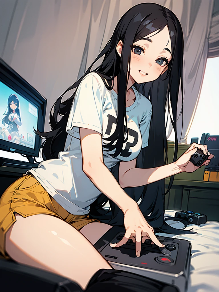{best quality}、My room in white tones、Long Black Hair、forehead、25Old woman、beautiful breasts beautiful breasts、Sitting and playing video games with a game controller、openmouth、A triumphant smile、oversized t-shirt、shorts、cowboy shot、Low angle