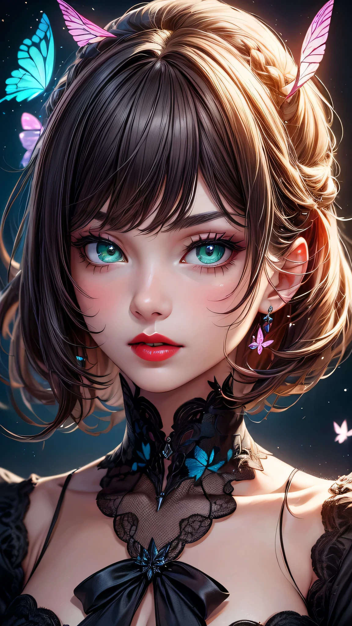 (((masterpiece))),(((Highest quality))),((Very detailed)),8k, alone, beautiful girl, (Very delicate and beautiful face), (Beautiful eyes in every detail), Black cat, compensate, blush, lipstick, Red lips, Portraiture, Realistic, Green Eyes, View your viewers, Painting, butterfly,