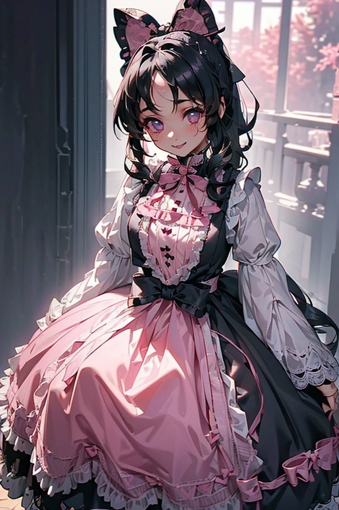 (((beautiful))), (((Gothic , dress, Gothic Lolita(Black Hair, ponytail, Pink ribbon)), (((Intricate details))), High resolution, ((Intricate details, Ultra-detailed)), whole body, Are standing, looking at the camera, Red cheeks, smile, Bright room