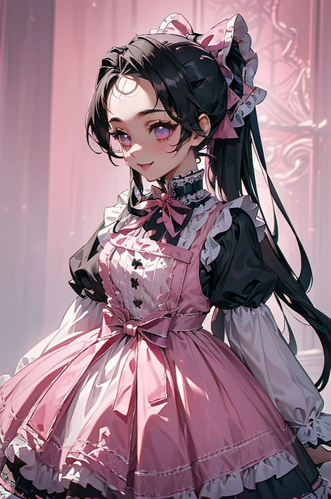 (((beautiful))), (((Gothic Lolita, dress, Gothic Lolita))), ((Black Hair, ponytail, Pink ribbon)), (((Intricate details))), High resolution, ((Intricate details, Ultra-detailed)), whole body, Are standing, looking at the camera, Red cheeks, smile, Bright room