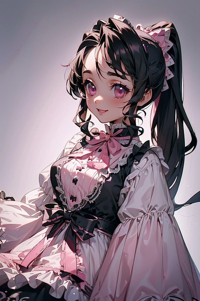 (((beautiful))), (((Gothic Lolita, dress, Gothic Lolita))), ((Black Hair, ponytail, Pink ribbon)), (((Intricate details))), High resolution, ((Intricate details, Ultra-detailed)), whole body, Are standing, looking at the camera, Red cheeks, smile, Bright room