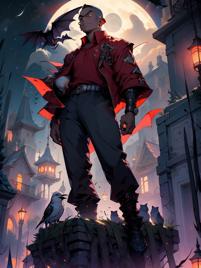 moon, full moon, bat, night, solo, 1boy, male focus, sky, red shirt, bird, dark skin, night sky, graveyard, red pants, moonlight, belt, cloud