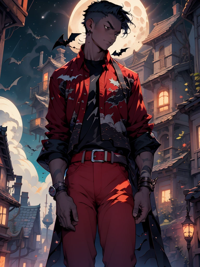 moon, full moon, bat, night, solo, 1boy, male focus, sky, red shirt, bird, dark skin, night sky, graveyard, red pants, moonlight, belt, cloud