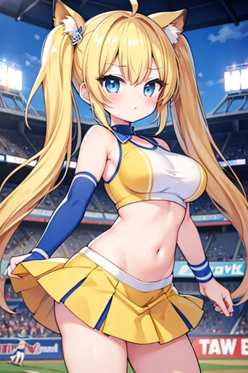 Highest quality,masterpiece,Blonde with blue eyes、Cheerleader、foxtail,foxear,(BaseballStadium1.1),Beautiful breasts、Twin tails、Girl&#39;s cute eyes,,jumping,under boob,enjoy,