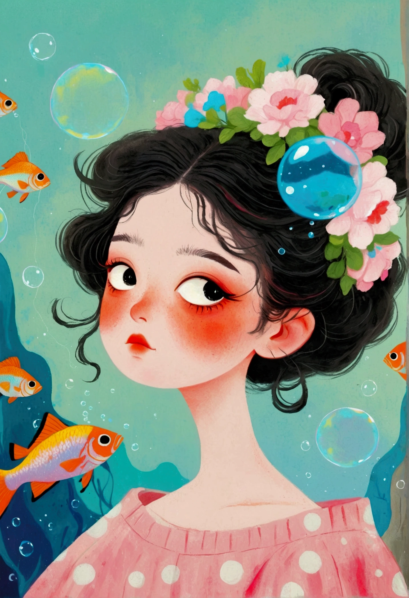 Pastel Art Illustration：A painting of a woman with fish in her hair,Bubbles，big eyes， (((#10: Fluffy Light Hair)))，Jin Nong&#39;s Surrealism, Winner of the Behance competition, Pop surrealism, Color illustrations, A beautiful artistic illustration, Colorfull illustration, Pop surrealism art style, Digital illustration style, Fantasy illustrations, Illustration Art, Magical surrealism, Digital fantasy illustration, Pop surrealism lowbrow art style,Solid color background
