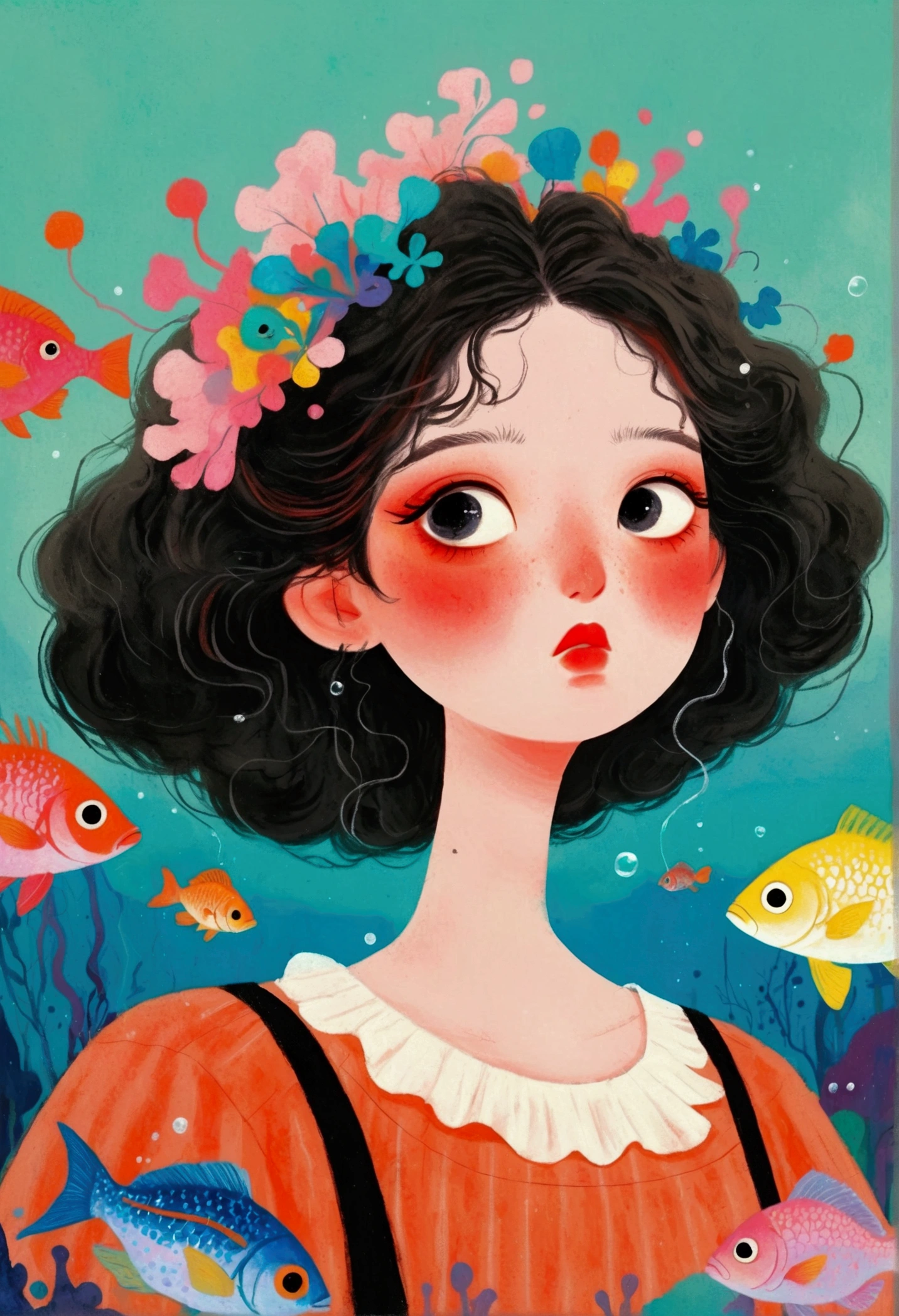 Pastel Art Illustration：A painting of a woman with fish in her hair,Bubbles，big eyes， (((#10: Fluffy Light Hair)))，Jin Nong&#39;s Surrealism, Winner of the Behance competition, Pop surrealism, Color illustrations, A beautiful artistic illustration, Colorfull illustration, Pop surrealism art style, Digital illustration style, Fantasy illustrations, Illustration Art, Magical surrealism, Digital fantasy illustration, Pop surrealism lowbrow art style,Solid color background