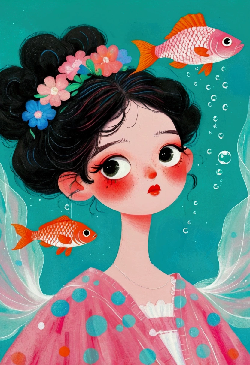 Pastel Art Illustration：A painting of a woman with fish in her hair,Bubbles，big eyes， (((#10: Fluffy Light Hair)))，Jin Nong&#39;s Surrealism, Winner of the Behance competition, Pop surrealism, Color illustrations, A beautiful artistic illustration, Colorfull illustration, Pop surrealism art style, Digital illustration style, Fantasy illustrations, Illustration Art, Magical surrealism, Digital fantasy illustration, Pop surrealism lowbrow art style,Solid color background
