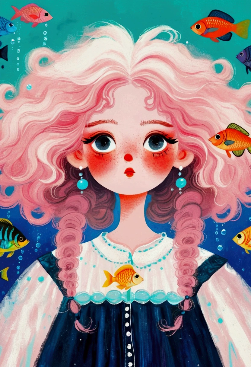 Pastel Art Illustration：A painting of a woman with fish in her hair,Bubbles，big eyes， (((#10: Fluffy Light Hair)))，Jin Nong&#39;s Surrealism, Winner of the Behance competition, Pop surrealism, Color illustrations, A beautiful artistic illustration, Colorfull illustration, Pop surrealism art style, Digital illustration style, Fantasy illustrations, Illustration Art, Magical surrealism, Digital fantasy illustration, Pop surrealism lowbrow art style,Solid color background