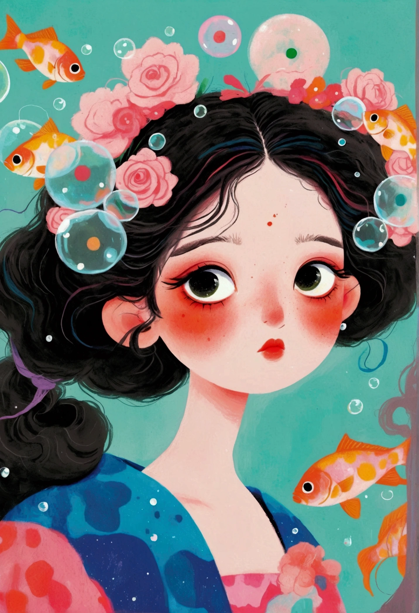 Pastel Art Illustration：A painting of a woman with fish in her hair,Bubbles，big eyes， (((#10: Fluffy Light Hair)))，Jin Nong&#39;s Surrealism, Winner of the Behance competition, Pop surrealism, Color illustrations, A beautiful artistic illustration, Colorfull illustration, Pop surrealism art style, Digital illustration style, Fantasy illustrations, Illustration Art, Magical surrealism, Digital fantasy illustration, Pop surrealism lowbrow art style,Solid color background