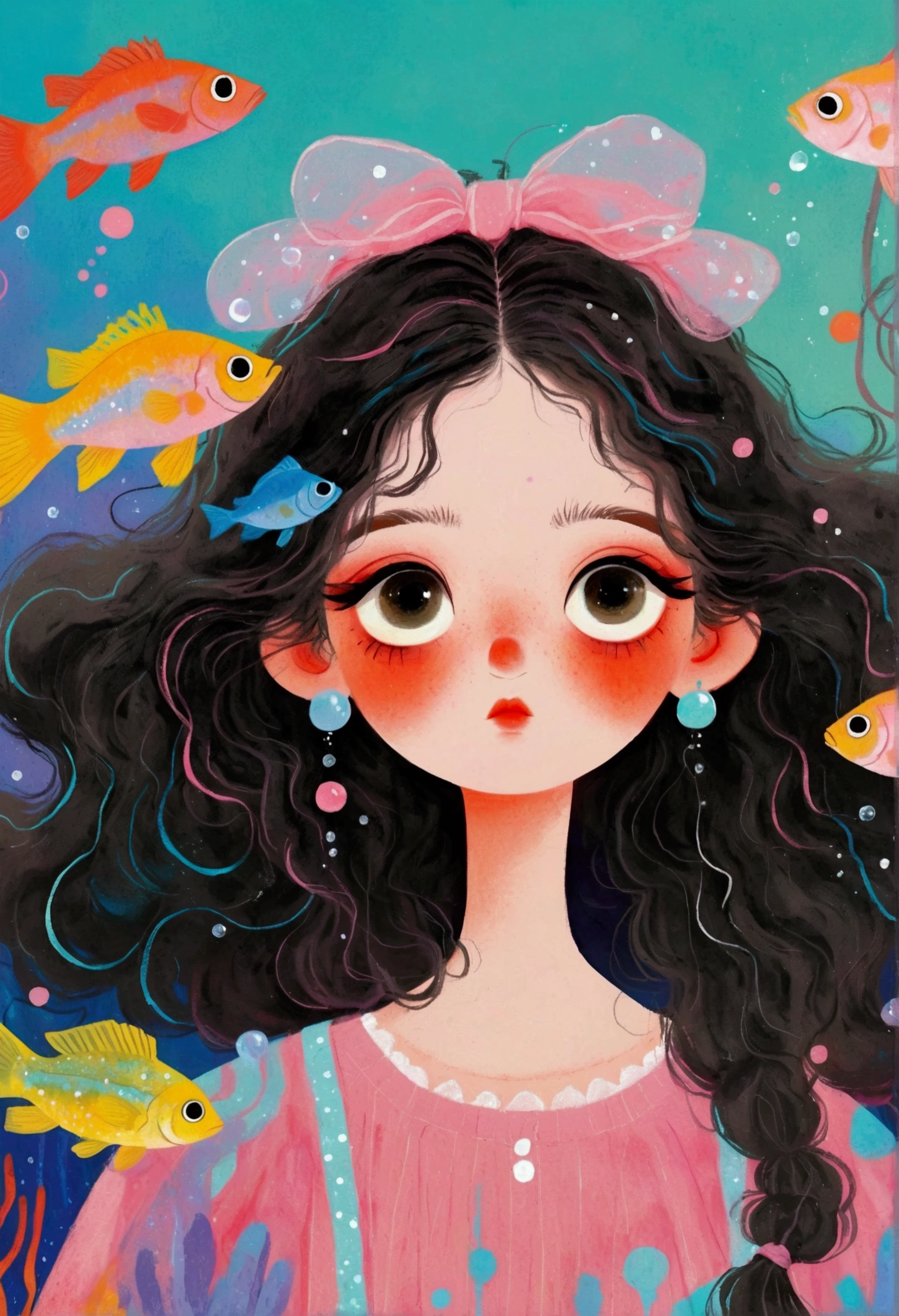 Pastel Art Illustration：A painting of a woman with fish in her hair,Bubbles，big eyes， (((#10: Fluffy Light Hair)))，Jin Nong&#39;s Surrealism, Winner of the Behance competition, Pop surrealism, Color illustrations, A beautiful artistic illustration, Colorfull illustration, Pop surrealism art style, Digital illustration style, Fantasy illustrations, Illustration Art, Magical surrealism, Digital fantasy illustration, Pop surrealism lowbrow art style,Solid color background